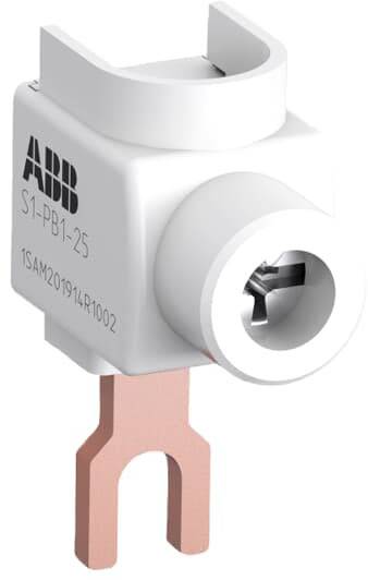 Ein elektrisches Gerät von ABB, Modell S1-PB1-25, mit einem metallenen Anschluss und einem Kunststoffgehäuse, dient zur elektrischen Verbindung.