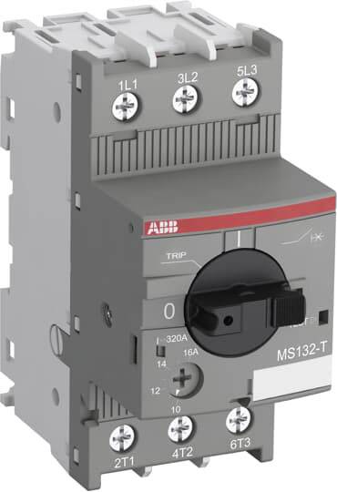 'ABB Motorschutzschalter Typ MS132-T' in grauer Hülle mit schwarzem Drehknopf und verschiedenen Kontaktanschlüssen auf der Front.
