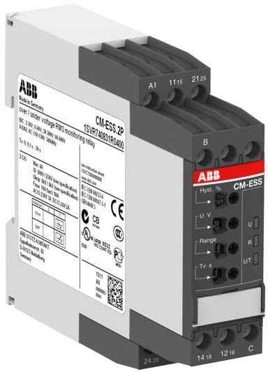 Multifunktionales Spannungsüberwachungsrelais der Marke ABB, Modell CM-ESS.2P, mit mehreren Anschlüssen und Kontrollanzeigen.