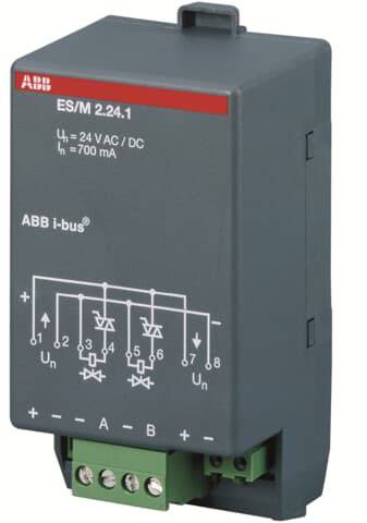 Gerät ABB i-bus ES/M 2.24.1 für 24 V AC/DC und 700 mA; beinhaltet Schaltplan mit elektrischen Symbolen zur Steuerung.