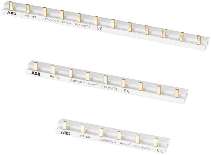 Kupferschienenverbinder in verschiedenen Längen mit ABB-Logo, Spannung 230/400 V, geeignet für 10 mm² Leitungen und 63A bei 40°C.