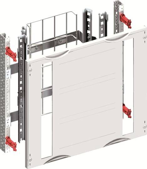 Ein ausklappbares Montagerahmensystem mit roten Halterungen, zur Unterstützung von Installationseinheiten in Innenwänden.