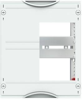 Elektrischer Schaltkasten mit grauem Rahmen und offener Frontabdeckung, die das Innenleben zeigt. Vier Ecken mit Schrauben.