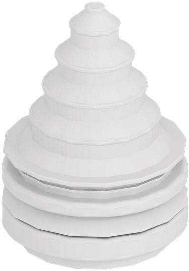 Ein Stapel aus weißen, ineinander gelegten, sechseckigen Schüsseln in abnehmender Größe bildet eine Pyramidenform.