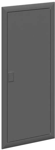 Eine geschlossene dunkelgraue Tür mit einem kleinen, quadratischen Griff in der Mitte der linken Seite, ohne sichtbare Details.
