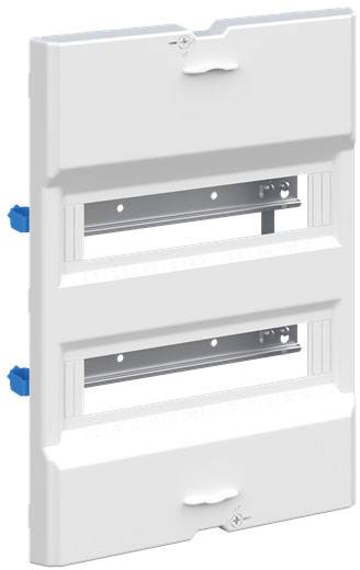 Eine weiße, rechteckige Kunststoffhalterung mit zwei metallischen Schienen, möglicherweise für die Montage von Geräten gedacht.