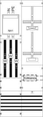Diagramm eines elektrischen Verteilerschranks mit Sicherungen, Leitungen und Schaltkreisen. Zeigt die Anordnung und Verbindung der Bauteile.
