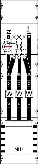 Schema einer elektrischen Schaltanlage mit Sicherung 'NH1', dreiphasige Leitungen gekennzeichnet mit 'W', und Erdung 'PE'.