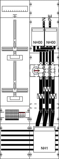 Diagramm eines elektrischen Schaltschrankes mit NH00-Sicherungen, Hauptschalter und Kabelverbindungen. Zeigt elektrische Komponenten und ihre Anordnung.