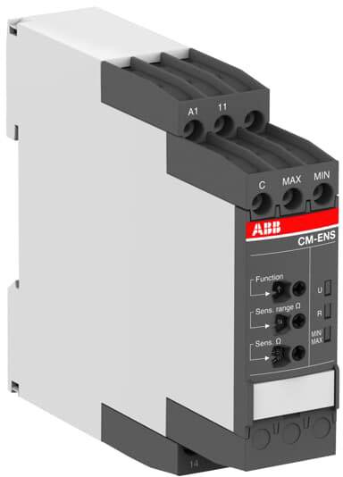 Ein elektrisches Hutschienenmodul von ABB mit mehreren Anschlussklemmen und Schaltern auf der Vorderseite, Modell CM-ENS.