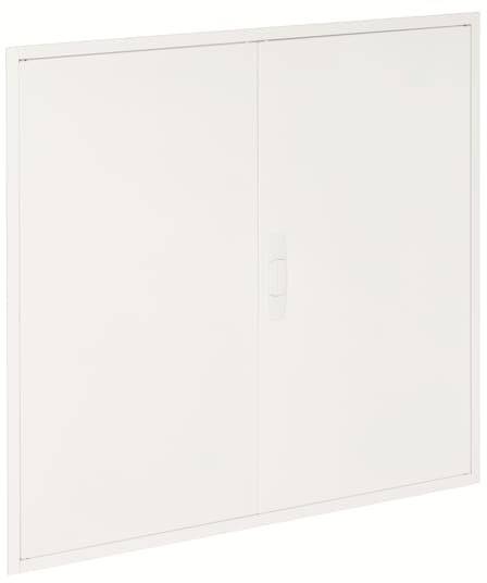 Weiße Metalltür mit zwei Flügeln und zentralem Griff. Schlichtes Design, vermutlich für Schränke oder Verteilerkästen geeignet.