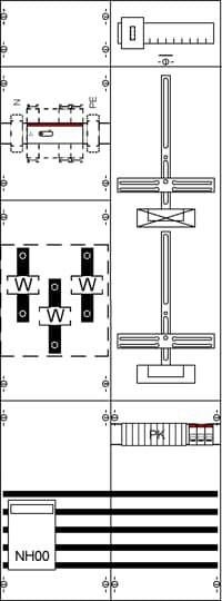 Technische Zeichnung mit elektrischen Symbolen: Sicherungen, Widerstände und Schalter in vertikaler Anordnung; WP-Beschriftungen.