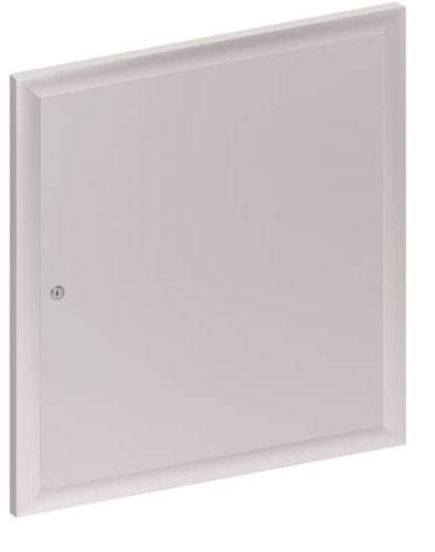 Weiße Metallinspektionsklappe an der Wand, quadratisch, mit kleinem Schloss an der linken Seite.