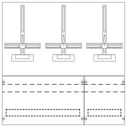 Diagramm eines mechanischen Aufbaus mit drei vertikalen Stangen und horizontalen Querstreben, verbunden mit gestrichelten Linien.