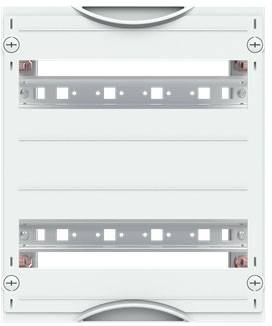 Gehäuse für elektrische Schalttafel mit zwei horizontalen Montageschienen und Mehrfacheinschubfächern, geschlossen.