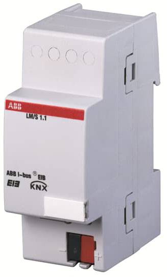 Ein KNX-Busankoppler-Gerät mit einer weißen Außenschale und sichtbaren Anschlüssen. Markenlogo oben links.