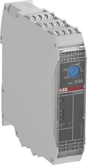 Elektrisches Gerät der Marke ABB, zeigt ein graues Gehäuse mit blauen Bedienelementen und Anzeige für max. 0,6A.