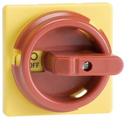 Ein roter Schalter auf gelbem Hintergrund zeigt die Position 'OFF'. Dient zum Abschalten von elektrischen Geräten oder Anlagen.