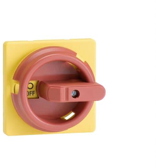 Ein gelber und roter Not-Aus-Schalter an der Wand. Der Schalter zeigt auf 'OFF', was auf ausgeschalteten Strom hinweist.