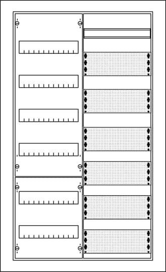 Schaltplan einer elektrischen Schalttafel mit mehreren horizontalen Steckplätzen und numerierten Bereichen auf der rechten Seite.