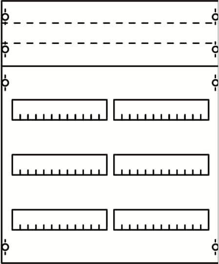 Diagramm eines Geräts mit sechs rechteckigen Skalen und markierten Linien, die Symbole für Millimeter anzeigen. Oben sind gestrichelte Linien zu sehen.