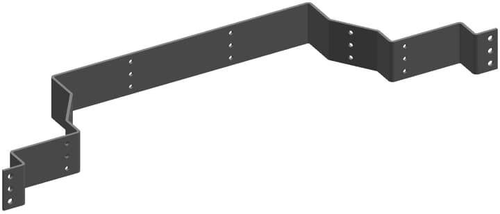 Schwarze, unregelmäßig geformte Metallhalterung mit mehreren Schraubenlöchern, wahrscheinlich für die Befestigung an einer Oberfläche.