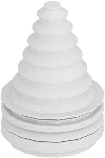 Weiße, gestapelte, abgestufte Struktur mit mehreren Ebenen, konisch nach oben hin dünner werdend.