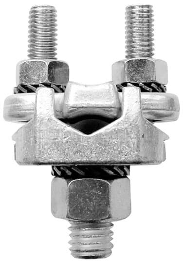 Metallkabelklemme mit zwei Schrauben, verwendet zur sicheren Befestigung von Drahtseilen in industriellen oder handwerklichen Anwendungen.