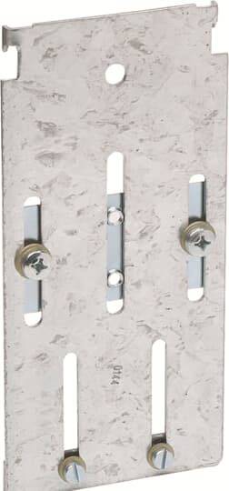 Metallplatte mit Schrauben und Schlitzen zur Wandmontage. Verwendet, um Gegenstände an festen Oberflächen sicher zu befestigen.