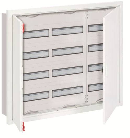 Geöffnetes weißes Wandgehäuse mit mehreren horizontalen Fächern für die Montage von elektrischen Geräten.