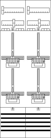 Diagramm mit zwei Bereichen: oben Lineale mit Schiebereglern, unten vier Schaltkreis-Schemata und parallele Linien.