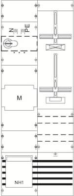 Technische Zeichnung mit Symbolen: Schaltplan für elektrische Steuerungen, zeigt Sicherungen, Schalter und ein Bauteil 'NH1'.