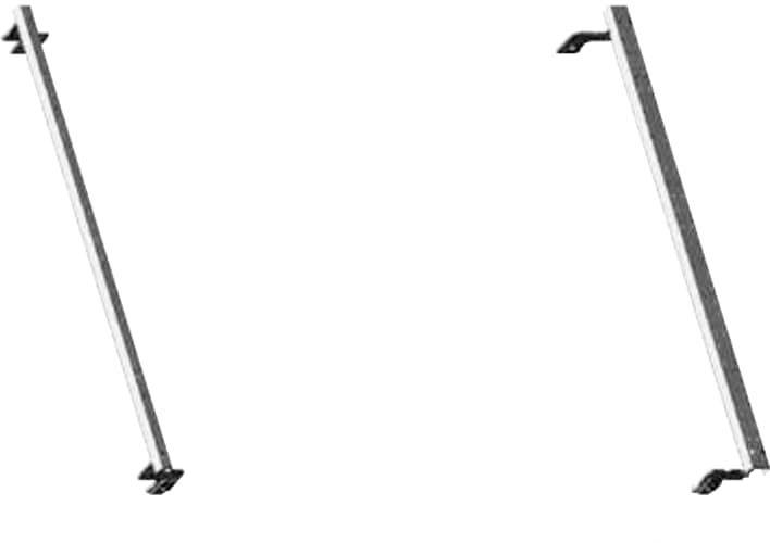 Zwei parallele Metallstreben, jeweils mit Halterungen an beiden Enden, auf einem weißen Hintergrund.