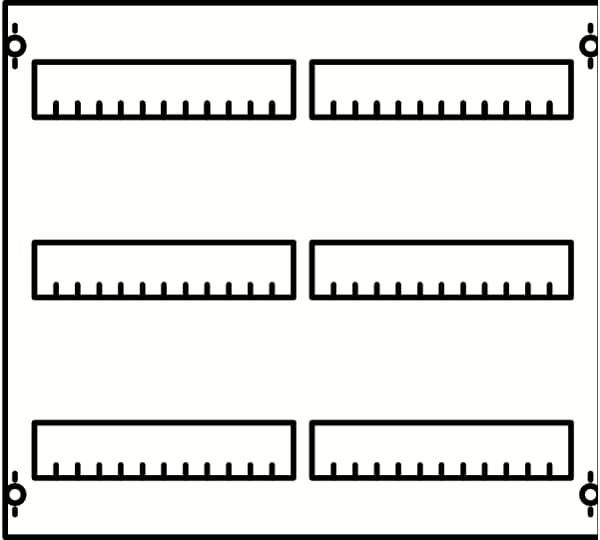Sechs rechteckige Kästen in zwei Spalten, jeweils mit vertikalen Linien auf der unteren Seite, ähnlich wie stilisierte Lineale.