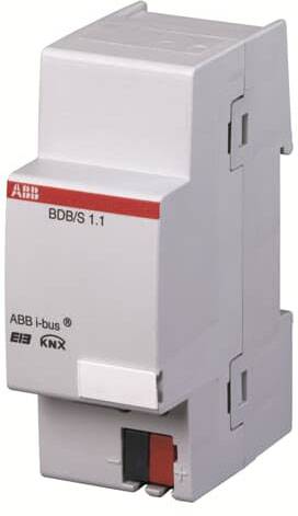 Ein grauer elektronischer Installationsschalter mit der Aufschrift 'ABB i-bus BDB/S 1.1', KNX-kompatibel, zur Gebäudeautomation.