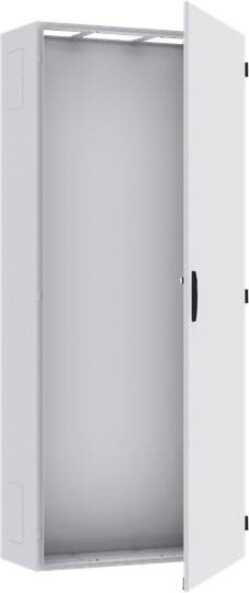 Grauer, hoher Metallschrank mit geöffneter Tür. Schlichtes Design, keine erkennbaren Regale oder Innenausstattung.