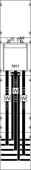Diagramm eines elektrischen Schaltschranks mit Sicherungen und Leitungen. Markiert mit 'NH1' für einen Sicherungshalter.