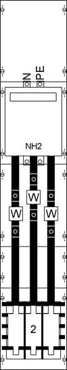 Grundriss einer elektrischen Schalttafel mit drei vertikalen Kabelsträngen, beschriftet mit 'NH2', 'W', und 'N'.