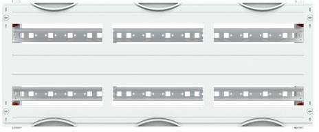 Weiße elektrische Schalttafel mit mehreren horizontalen Schienen für Montage von Modulgeräten.