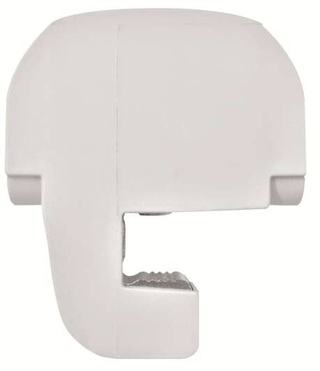 Ein weißer Kunststoffclip mit gezacktem Innenrand, vermutlich zum Halten oder Befestigen von Kabeln oder ähnlichen Objekten.