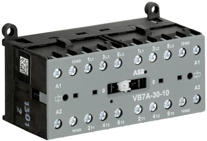 Ein elektrischer Schütze mit der Bezeichnung 'VB7A-30-10' für Schaltungen. Gehäuse in Schwarz und Grau, mit Anschlüssen und Markierungen sichtbar.