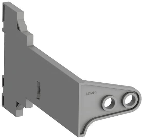 Graues, technisches Bauteil mit rechteckiger Grundform und zwei runden Löchern an einem Ende. Seitenansicht mit Konstruktionsdetails.