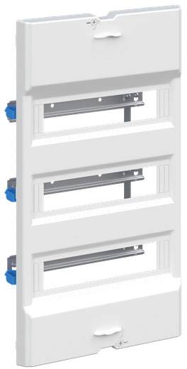 Ein weißes Gehäuse mit drei offenen Abschnitten zum Einbau von Geräten, geeignet für elektrische Installationen.