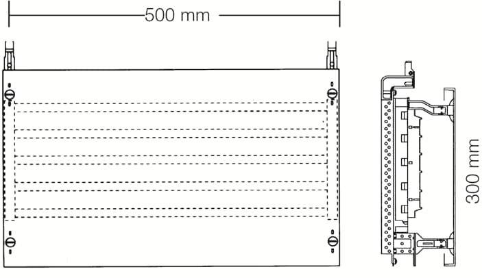 Technische Zeichnung eines rechteckigen Bauteils mit den Abmessungen 500 mm x 300 mm. Ansicht von oben und der Seite.
