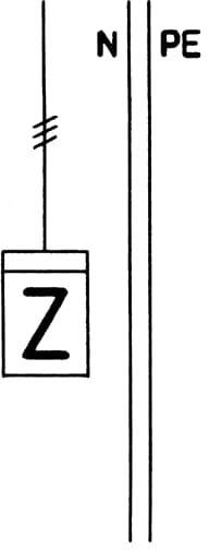 Schema einer elektrischen Schaltung mit drei Leitungen: N-, PE-Leitung und Schalter mit Kennzeichnung 'Z'.