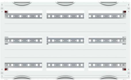 Weiße Kunststoffplatte mit mehreren horizontalen Metallstreifen, die an Vorderseite befestigt sind. Rechteckige Ausschnitte auf jedem Streifen.