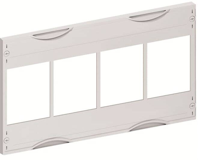 Ein rechteckiger, grauer Installationsrahmen mit vier quadratischen Öffnungen für Schalter oder Steckdosen in einer Wand.