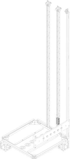 Dreidimensionale technische Zeichnung eines strukturellen Rahmens mit vertikalen Masten und lineare Skalen, möglicherweise für Ingenieuranwendungen.