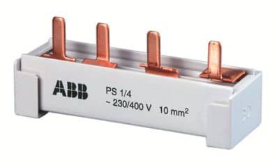 Ein weißer Sicherungshalter der Marke ABB, geeignet für 230/400 V mit einem Querschnitt von 10 mm². Es hat drei Kupferschienen.