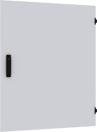 Eine geschlossene graue Tür mit schwarzem Griff und Scharnieren, ohne sichtbare Verzierungen oder Dekorationen.